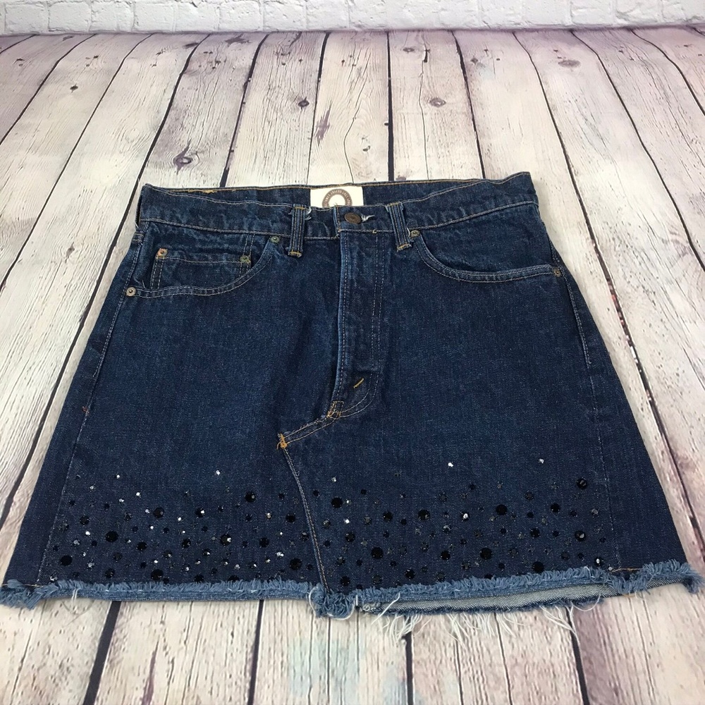 Levi's Blue Embellished Raw Edge Repurposed Denim Skirt